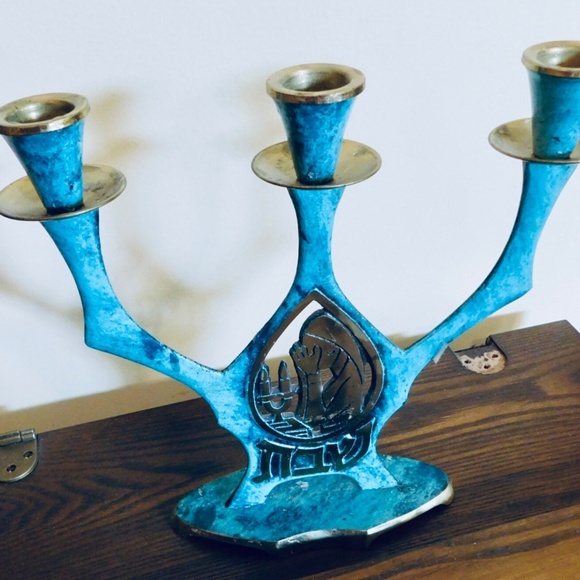 Vintage Beautiful Brass Turquoise Blue Menorah 3 Arm Helios Home Decor Israel - Picture 1 of 5